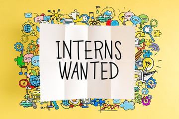 Interns Wanted text with colorful illustrations