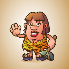 Cartoon cave woman. A unique cheerful character. Isolated on orange background. Vector illustration.