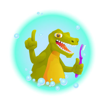 Funny alligator. Cute crocodile keeps toothbrush. Vector illustration.