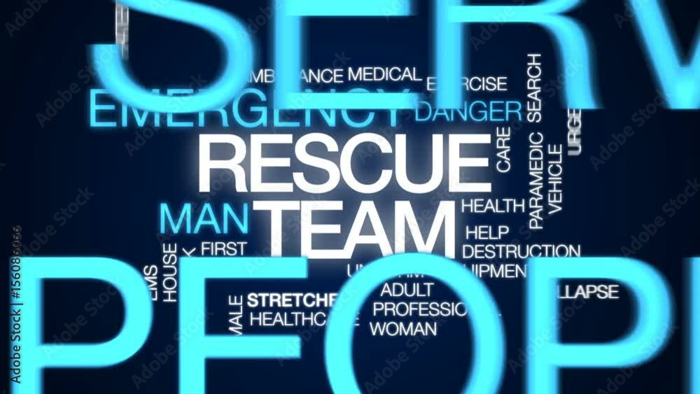 Poster rescue team animated word cloud, text design animation.