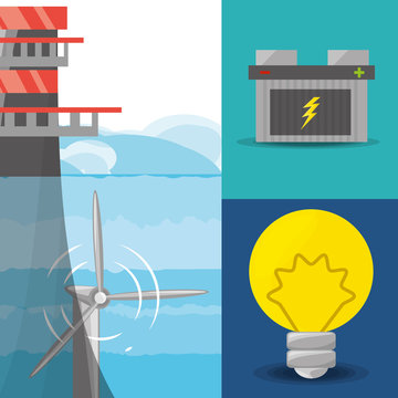 landscape related with tidal energy, batery and bulb icon, vector illustration