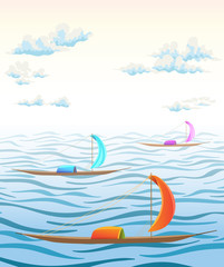 landscape with sea waves, clouds and ancient boats. vector illustration