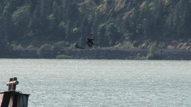 Kite surfer catching huge air on the Columbia River in Hood River, Oregon loses his board and takes a dive in the big drink.