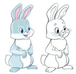 cartoon cute young rabbit on white. coloring version included. vector illustration