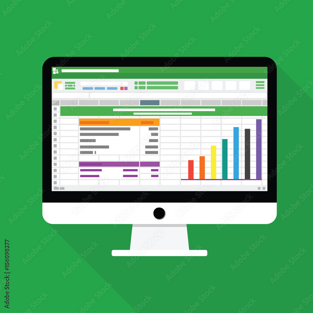 Fototapete Spreadsheet Table and Graphic on Desktop Computer with white monitor. Flat Style Illustration.