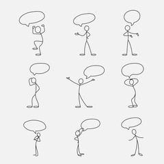 Cartoon icon of sketch stick figure in cute miniature scenes.