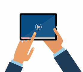 Men Hands holds  tablet screen . Video player application on your tablet  screen. Video.
