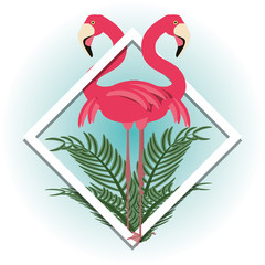 beautiful exotic flamingo with palms and tropical flowers, vector illustration