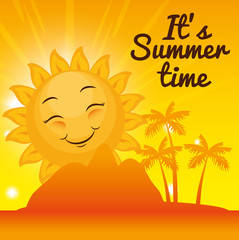 Happy sun and island silhouette with summer time sign over yellow background. Vector illustration.