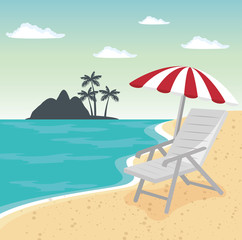 Chair and umbrella over beach background. Vector illustration.