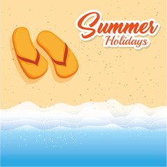 Flip flops and summer holidays sign over beach background. Vector illustration.