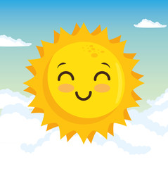 Happy sun and clouds over blue background Vector illustration.