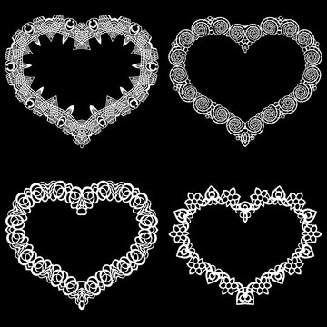 Laser cut frame in the shape of a heart with lace border.  A set of the foundations for paper doily for a wedding.  Vector templates for cutting out.