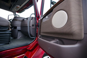 Modern red semi truck brown interior gorgeous place to work