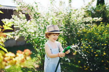 little boy watering the garden with hose