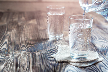 Glass of water on a wooden table.