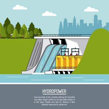 color landscape background hydropower plant renewable energy vector illustration