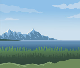 realistic landscape background of far snowy mountains and lake vector illustration