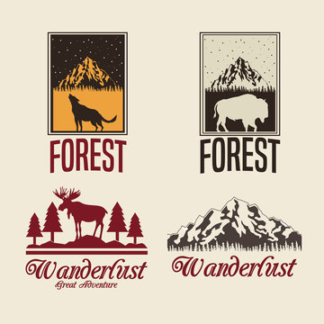 beige color set with rectangle frame logo forest with animals silhouette wanderlust vector illustration