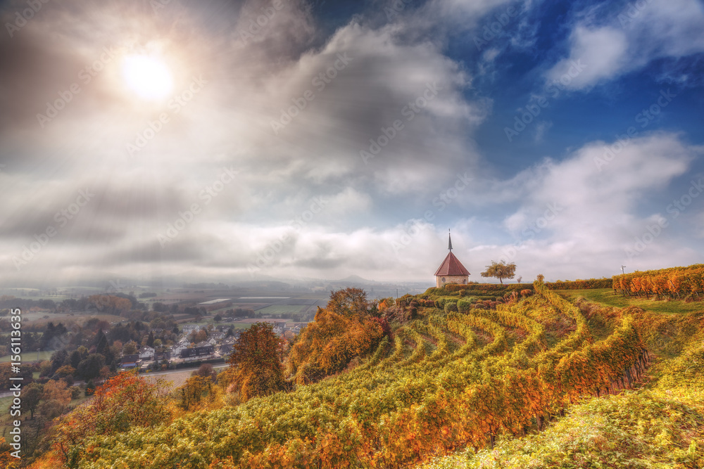 Wall mural Picturesque autumn countryside landscape. with vineyards and old church. Black Forest, Germany. Scenic wine-making and hiking background.