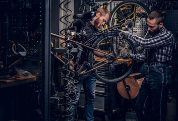 Fototapeta na wymiar Two bearded mechanics fixing town bicycle in a workshop.