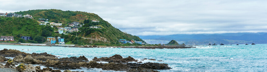 Panonamic image of Taputeranga Marine Reserve is located on Wellington  's South coast covering Island Bay , Owhiro Bay and  Houghton Bay , Wellington , North Island of New Zealand © PK4289