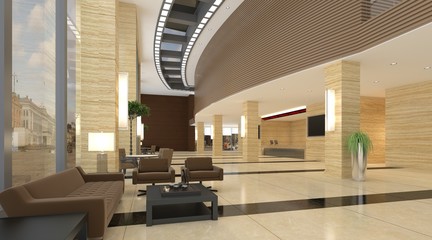 Obraz na płótnie Canvas Interior of hotel reception hall 3D illustration
