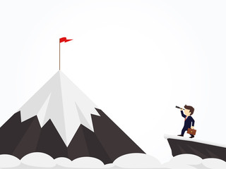businessman standing on cliff and looking at the mountain on which he will climb. Success concept.