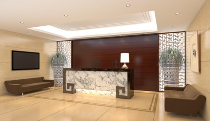 Interior of hotel reception hall 3D illustration