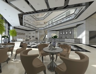 Interior of hotel reception hall 3D illustration