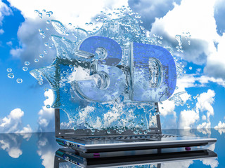 Splash water from the laptop screen with symbols 3d, 3d render