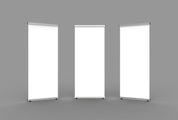 Blank roll up banner 3 display view template. 3d illustrating.