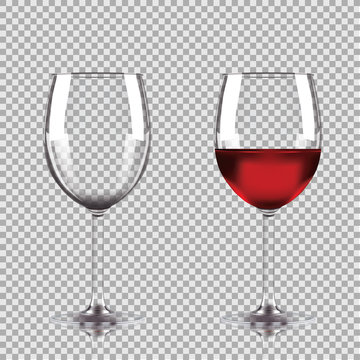 Wine glasses - empty, half full. Set of transparent vector wineglass with red wine.