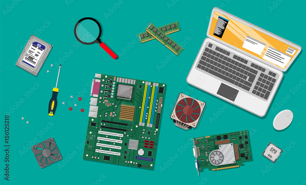 Poster assembling pc. personal computer hardware.