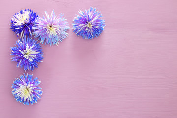 Top view of beautiful blue and white flowers arrangement