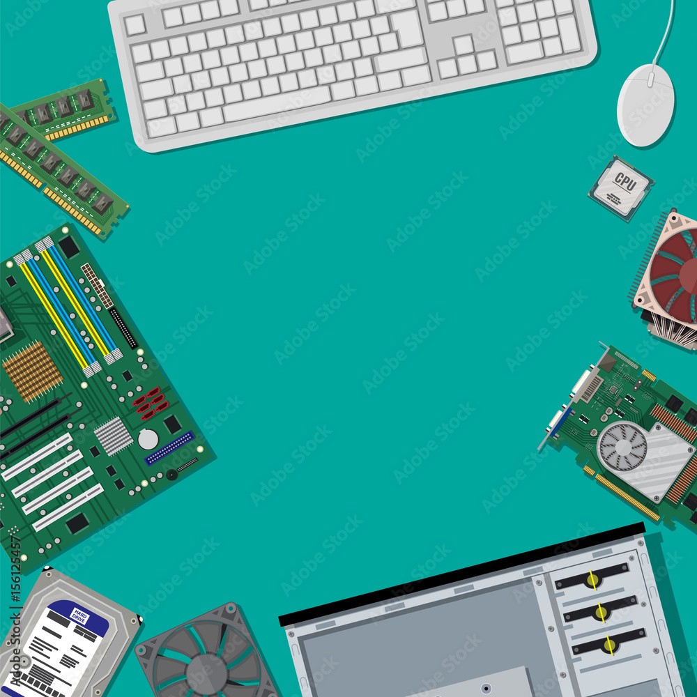 Poster assembling pc. personal computer hardware.