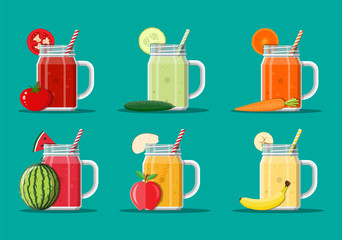 Fresh vegetable and fruit juice set.