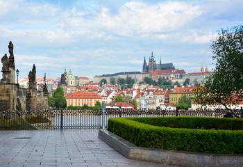 Prague view with Vltava, Charles Bridge and Prague Castle