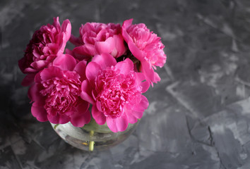 Pink peonies in a glass round vase on a concrete background