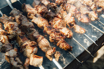 The pork shish kebabs prepared on a brazier