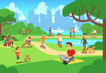 Obraz na płótnie Canvas People in city park. Relaxing men and women outdoor with smart phones vector illustration