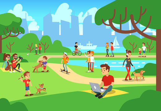 People in city park. Relaxing men and women outdoor with smart phones vector illustration