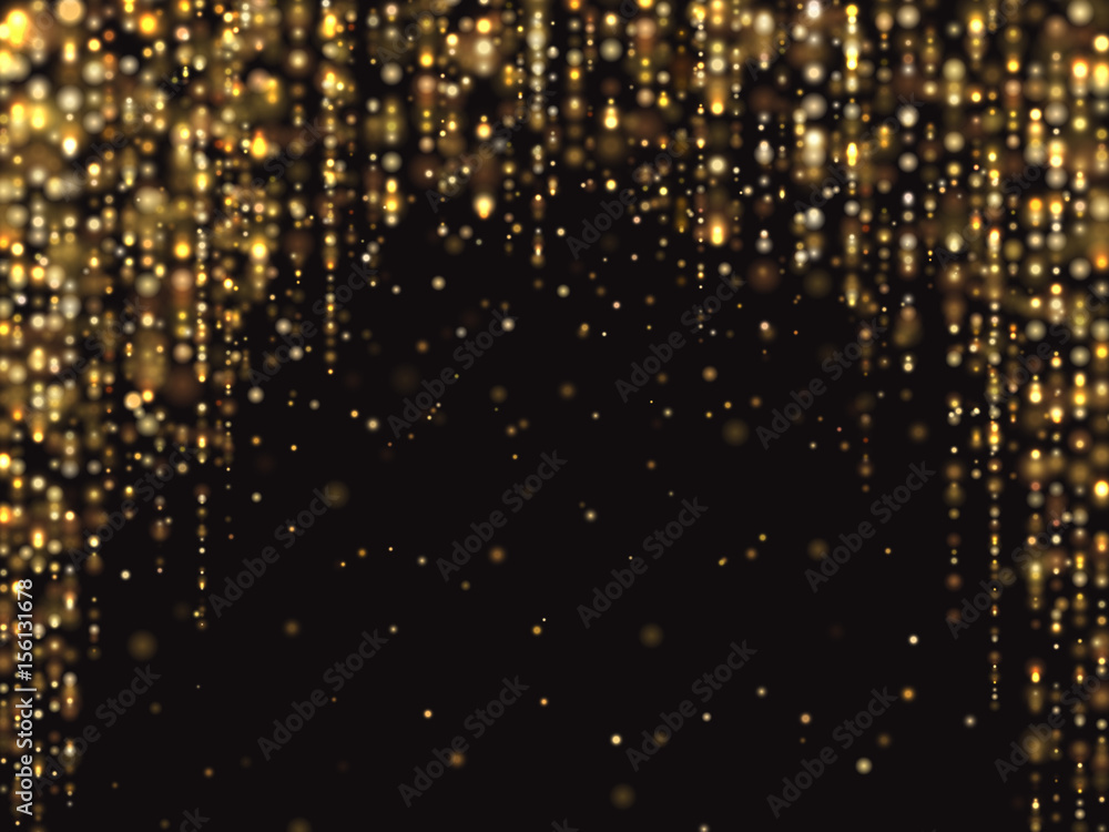 Sticker abstract gold glitter lights vector background with falling sparkle dust. luxury rich texture