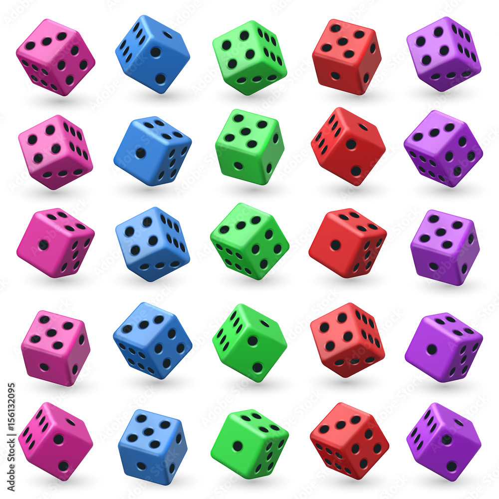 Poster playing dice vector set. 3d cube with numbers for board casino game
