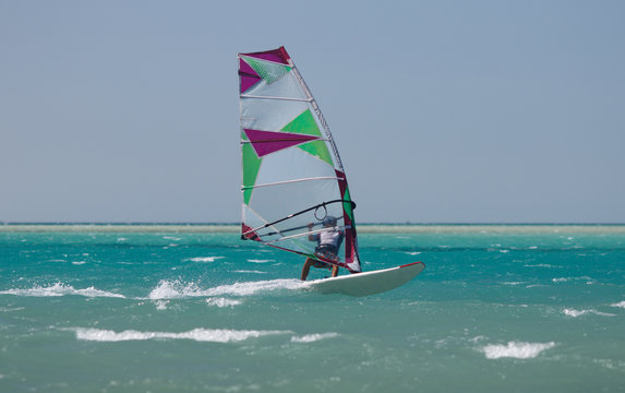 Recreational water sports: windsurfing. Windsurfer surfing waves and jumping high in the sea on a windy day. Extreme sports action with wind and water. Recreational sporting activity