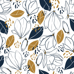 Graphic magnolia flowers,buds,leaves and jungle spots. Vector trendy seamless pattern in deep blue and mustard colors. © mesori