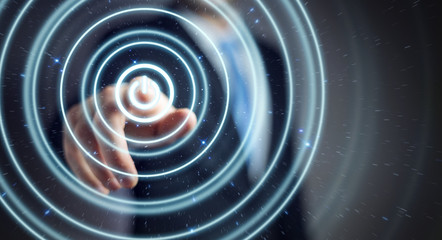 Businessman pushing 3D render power button with his finger