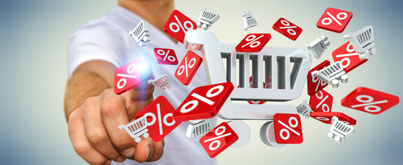 Businessman touching sales icons with his finger 3D rendering