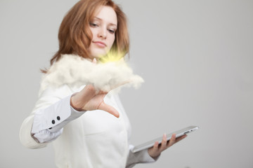 Woman with cloud and sun. Concept on the topic of computer cloud services.