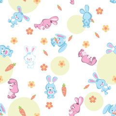 Seamless pattern on a transparent background with funny little rabbits, carrots and flowers. Cartoon vector illustration